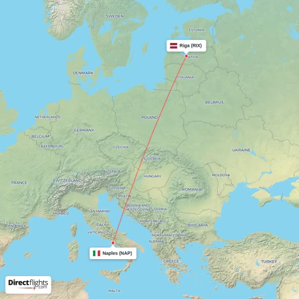 Naples - Riga direct flight map