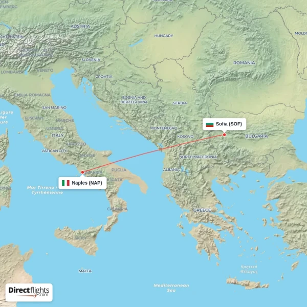 Naples - Sofia direct flight map