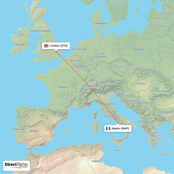 Naples - London direct flight map