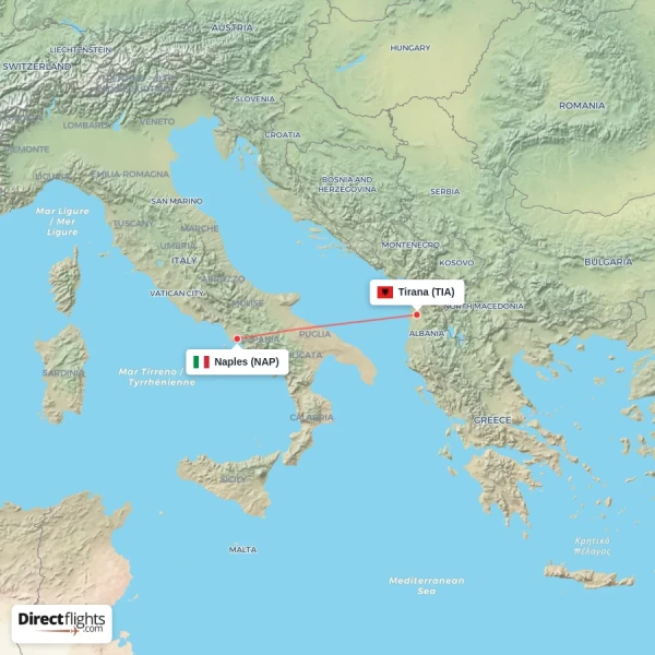 Naples - Tirana direct flight map