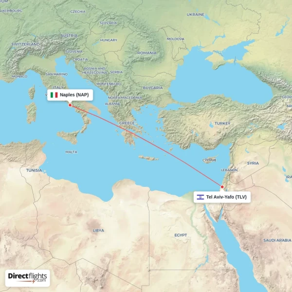 Naples - Tel Aviv-Yafo direct flight map