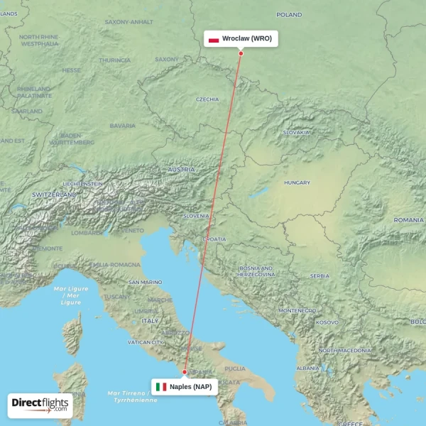Naples - Wroclaw direct flight map