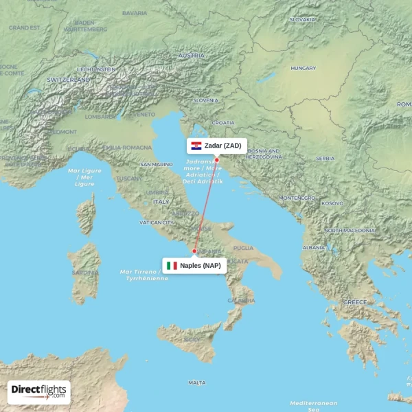 Naples - Zadar direct flight map