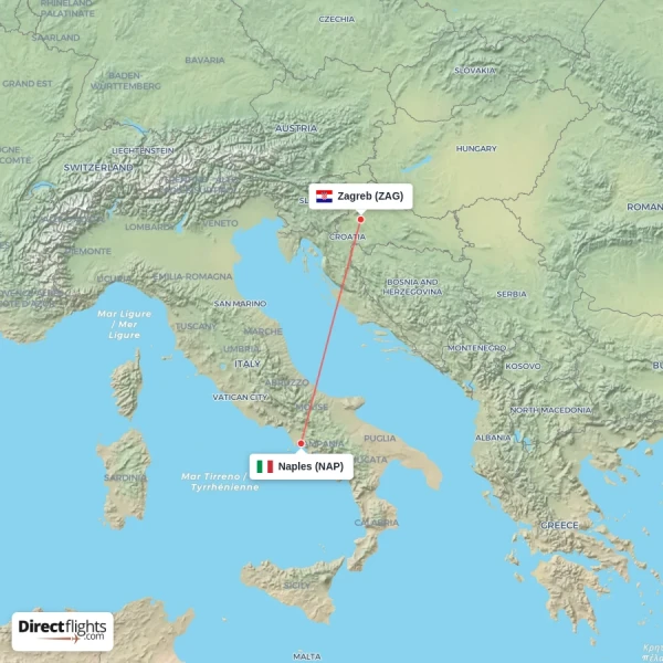 Naples - Zagreb direct flight map