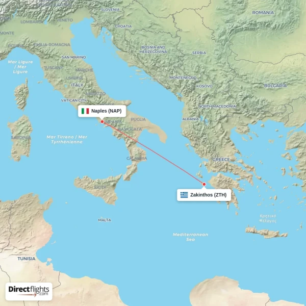 Naples - Zakinthos direct flight map