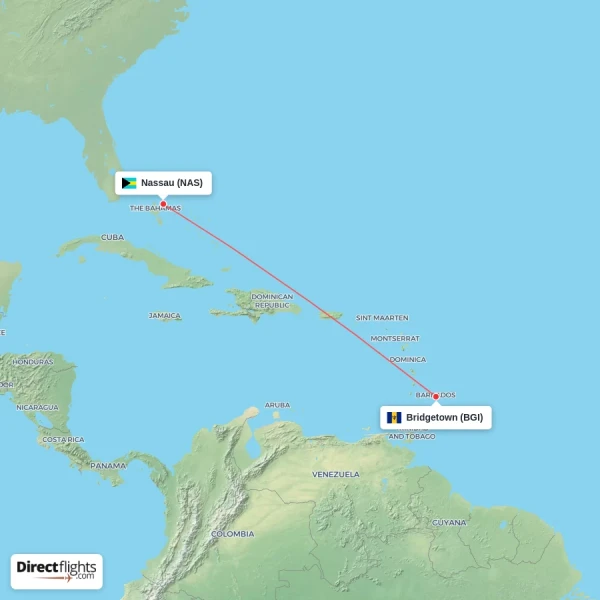 Nassau - Bridgetown direct flight map