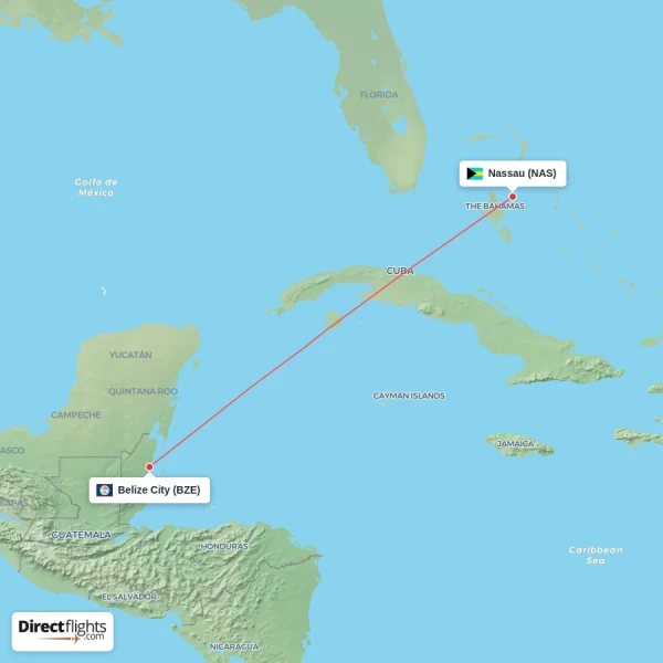 Nassau - Belize City direct flight map