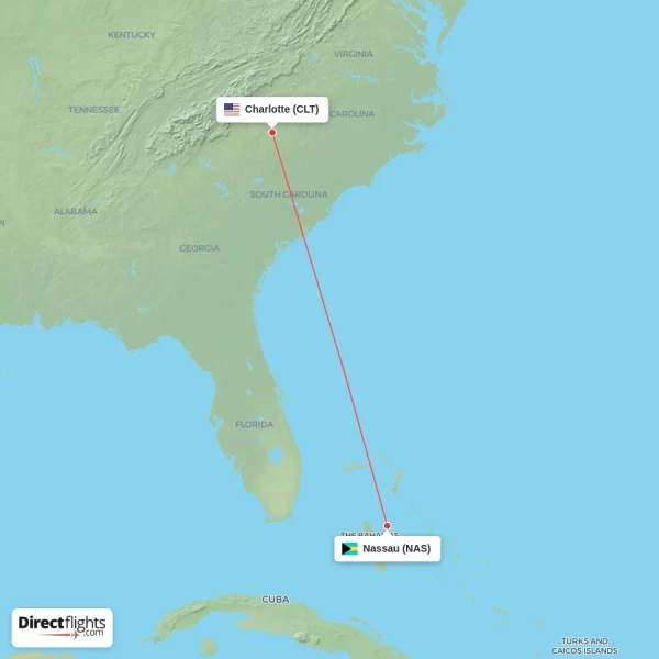 Nassau - Charlotte direct flight map