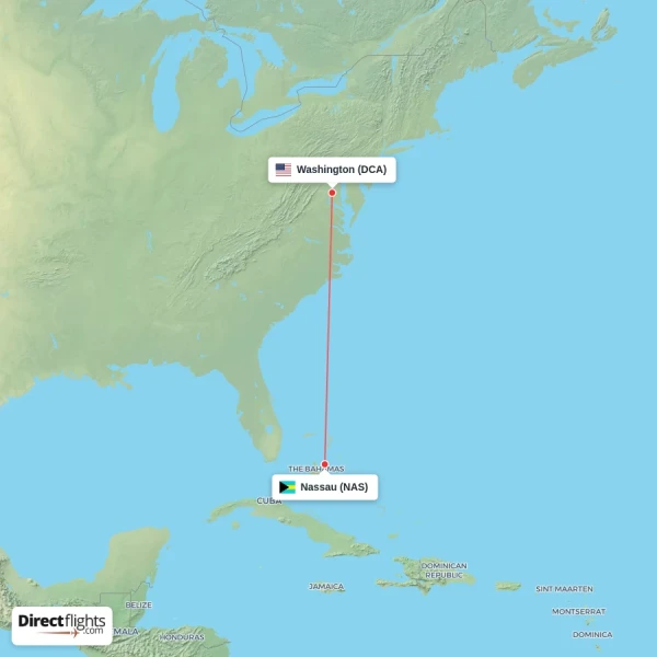 Nassau - Washington direct flight map