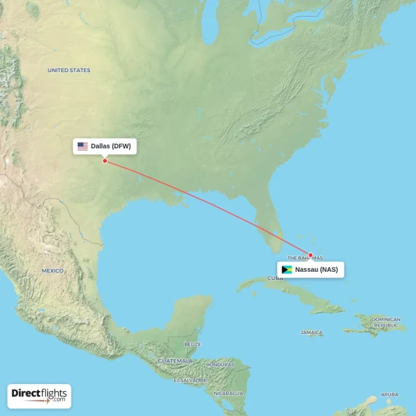 Nassau - Dallas direct flight map