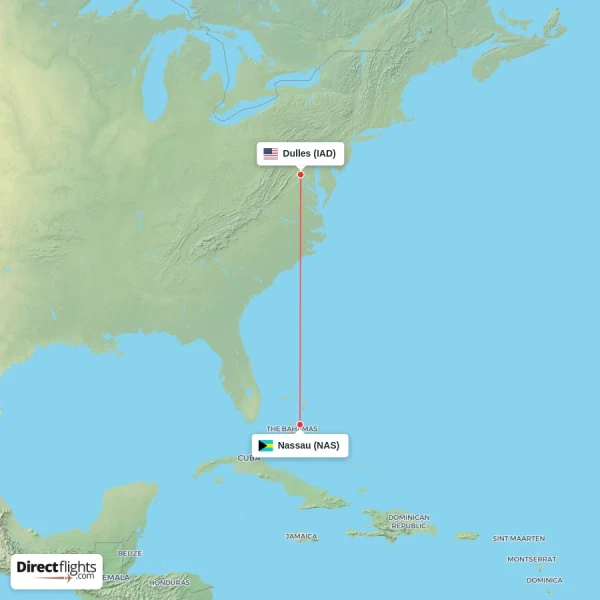 Nassau - Dulles direct flight map