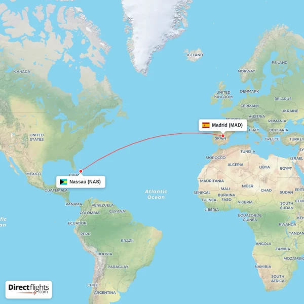 Nassau - Madrid direct flight map