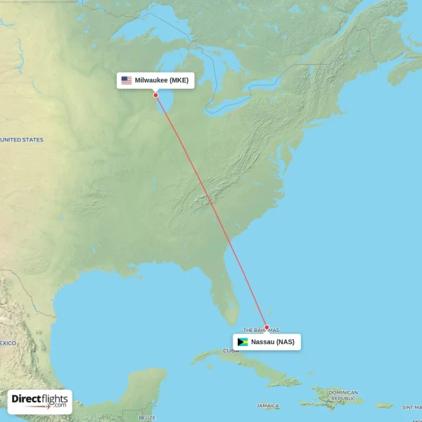 Nassau - Milwaukee direct flight map
