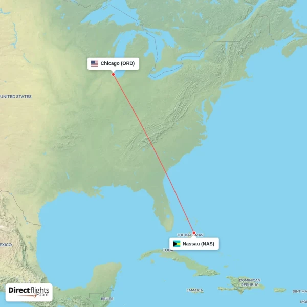 Nassau - Chicago direct flight map