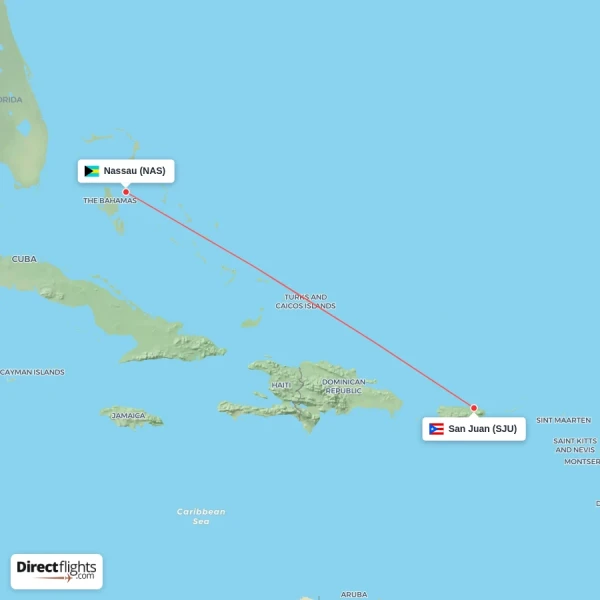 Nassau - San Juan direct flight map