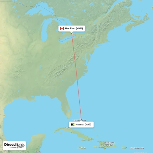 Nassau - Hamilton direct flight map