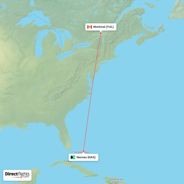 Nassau - Montreal direct flight map