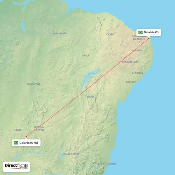 Natal - Goiania direct flight map