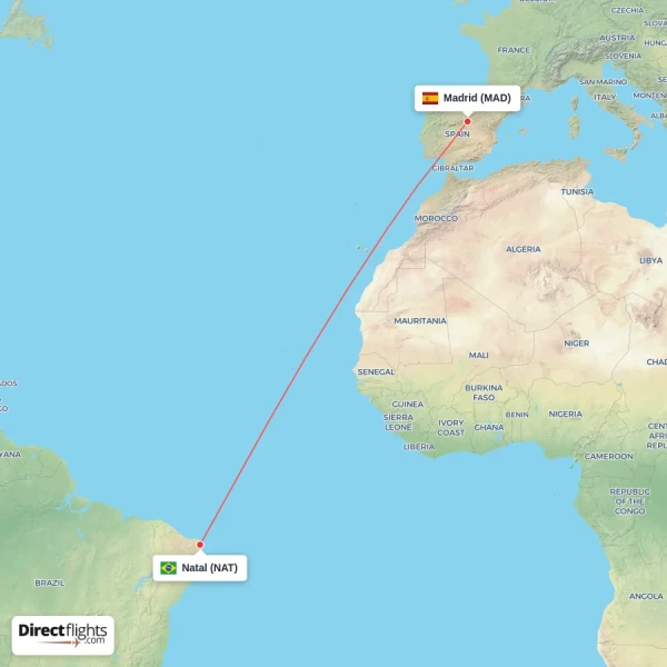 Natal - Madrid direct flight map