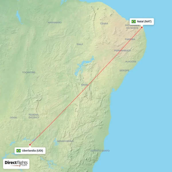 Natal - Uberlandia direct flight map