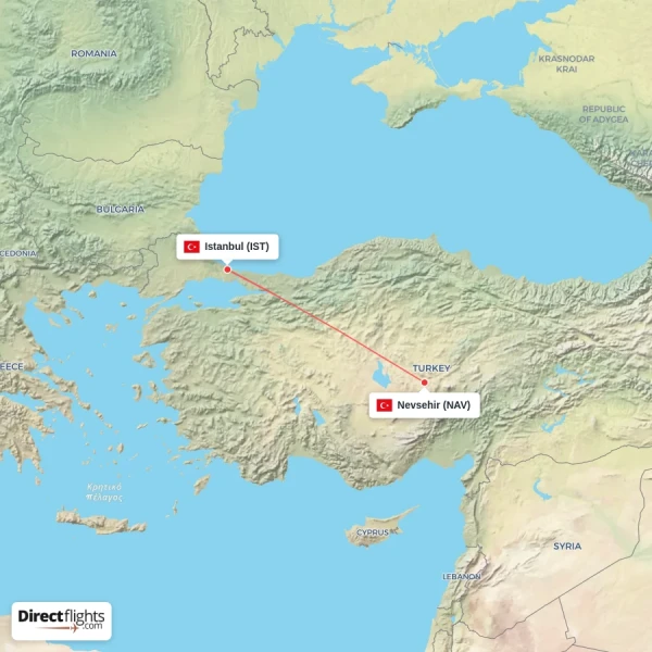 Nevsehir - Istanbul direct flight map