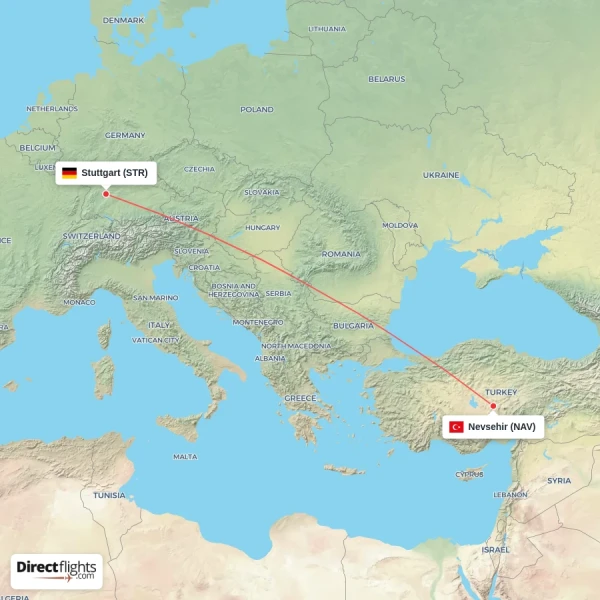 Nevsehir - Stuttgart direct flight map