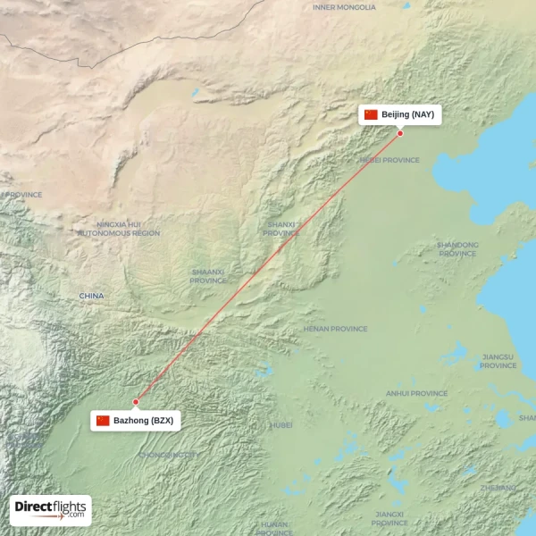 Beijing - Bazhong direct flight map