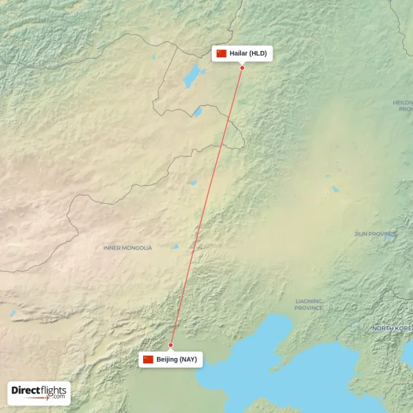 Beijing - Hailar direct flight map