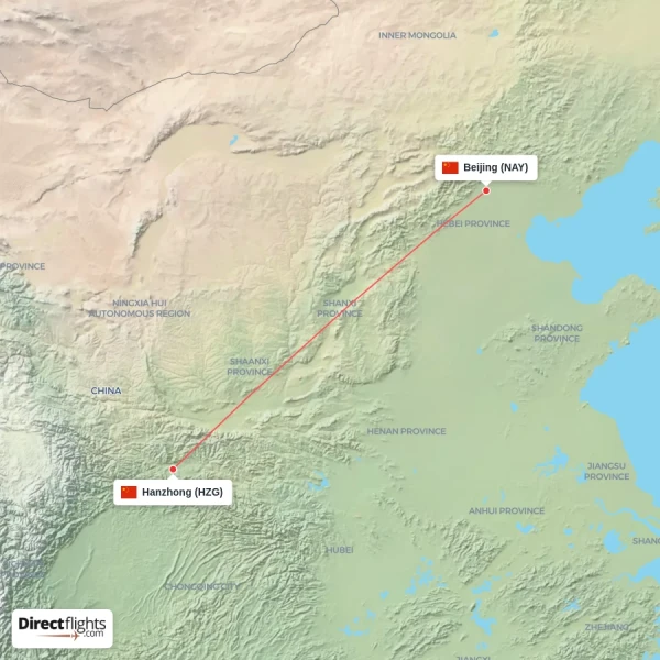 Beijing - Hanzhong direct flight map