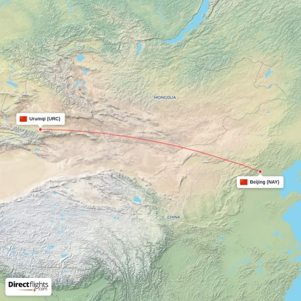 Beijing - Urumqi direct flight map