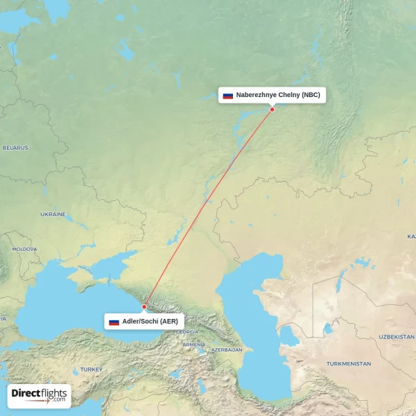 Naberezhnye Chelny - Adler/Sochi direct flight map
