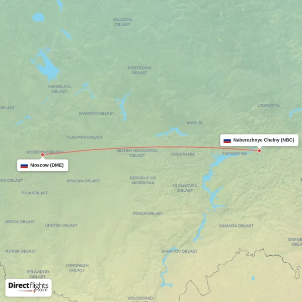 Naberezhnye Chelny - Moscow direct flight map