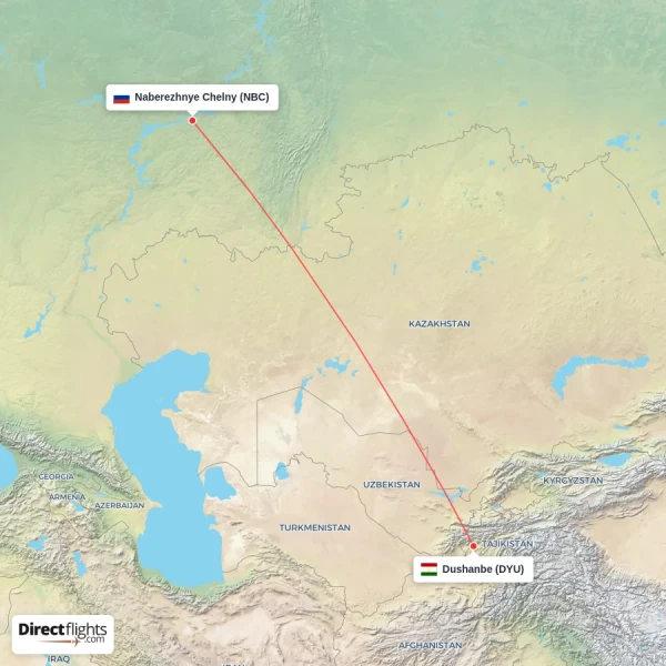 Naberezhnye Chelny - Dushanbe direct flight map
