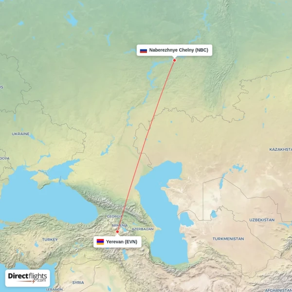 Naberezhnye Chelny - Yerevan direct flight map