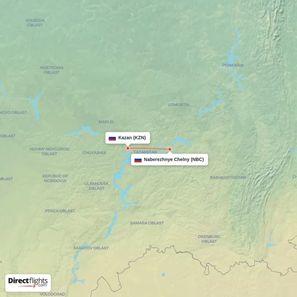 Naberezhnye Chelny - Kazan direct flight map