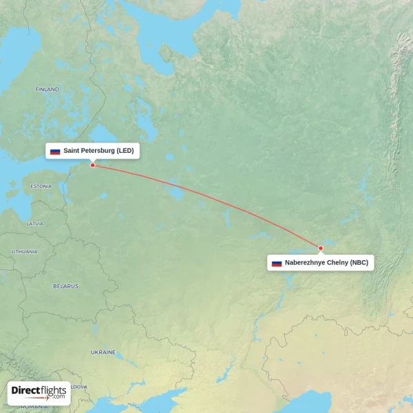 Naberezhnye Chelny - Saint Petersburg direct flight map