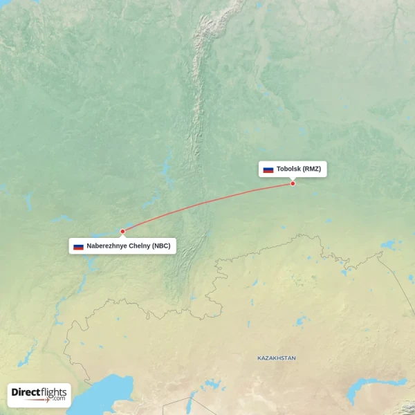 Naberezhnye Chelny - Tobolsk direct flight map