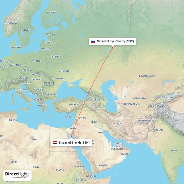 Naberezhnye Chelny - Sharm el Sheikh direct flight map