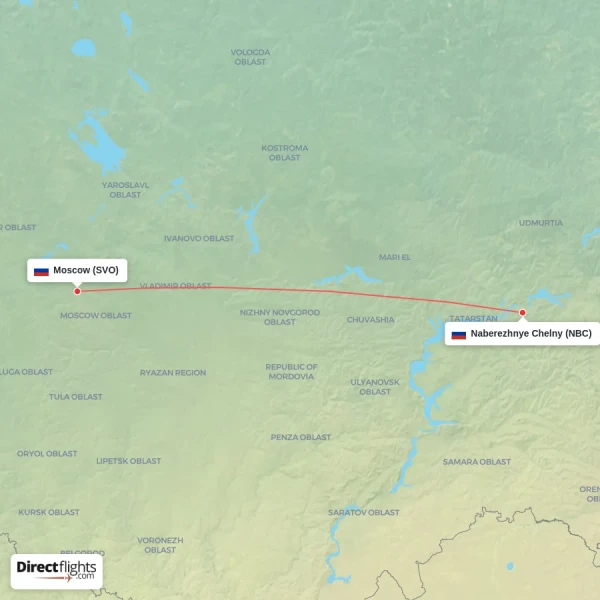 Naberezhnye Chelny - Moscow direct flight map