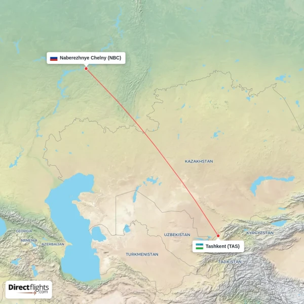 Naberezhnye Chelny - Tashkent direct flight map