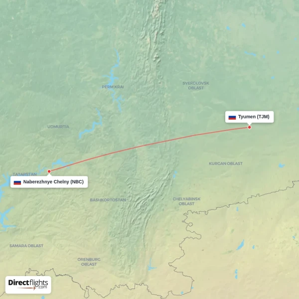 Naberezhnye Chelny - Tyumen direct flight map
