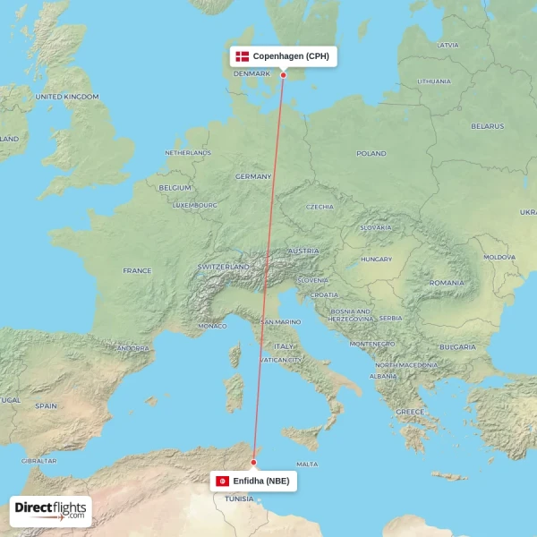 Enfidha - Copenhagen direct flight map