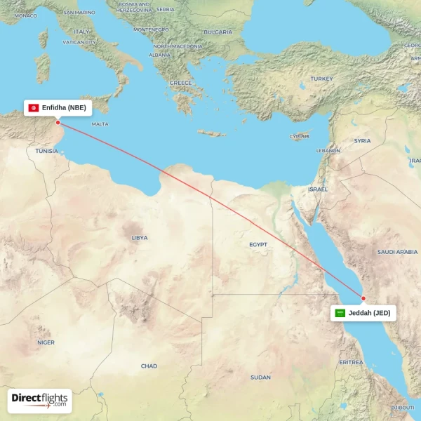 Enfidha - Jeddah direct flight map