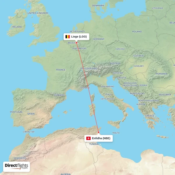 Enfidha - Liege direct flight map