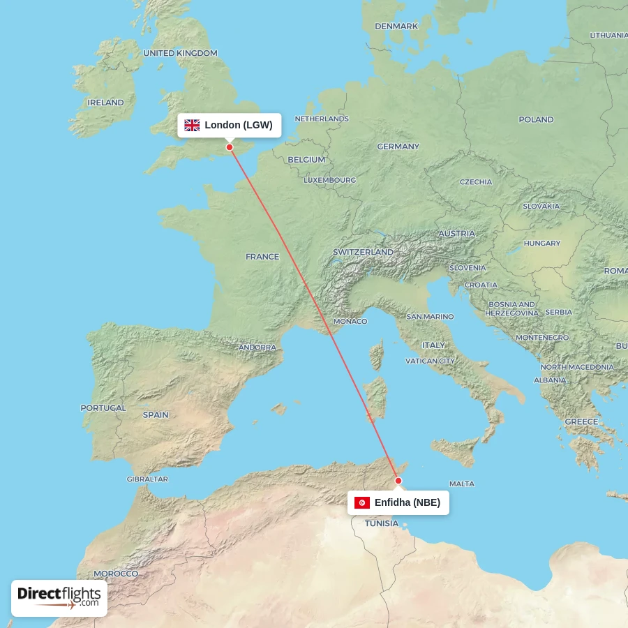 NBE - LGW route map