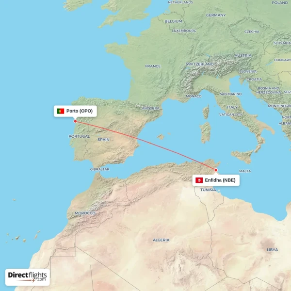 Enfidha - Porto direct flight map