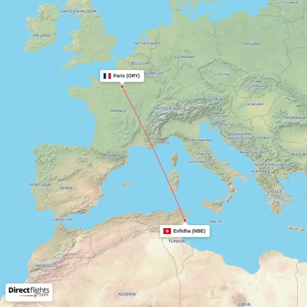 Enfidha - Paris direct flight map