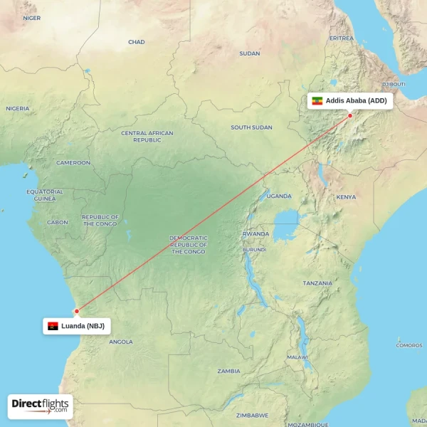 Luanda - Addis Ababa direct flight map
