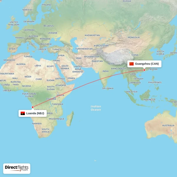 Luanda - Guangzhou direct flight map