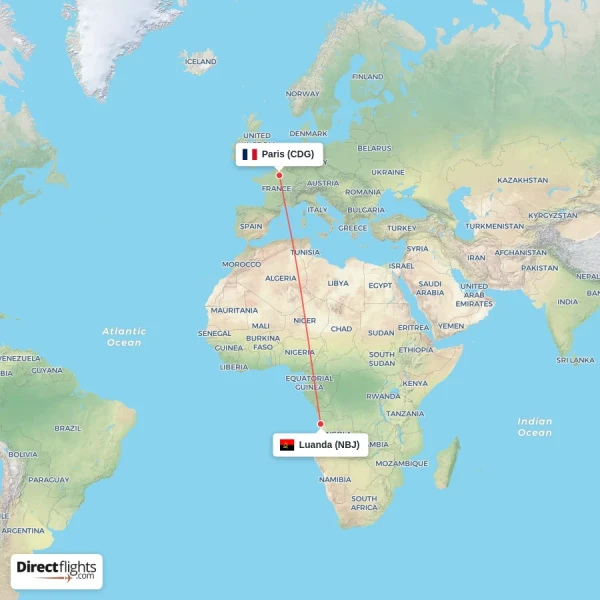 Luanda - Paris direct flight map